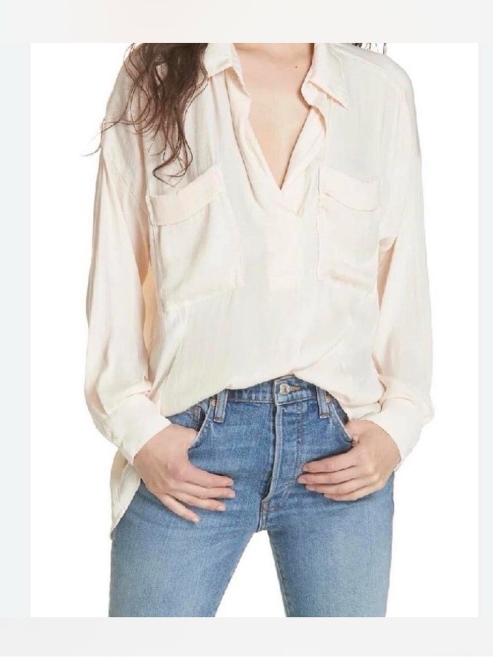 Free People Soft Cream Button-Down V-Neck Utility Shirt